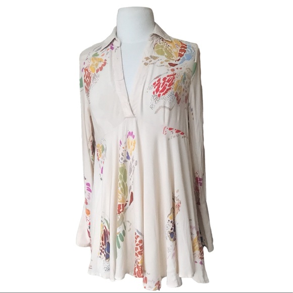 FREE PEOPLE Cream/TAN Field of Butterflies Patterned V-Neck Tunic Size XS - Picture 8 of 10
